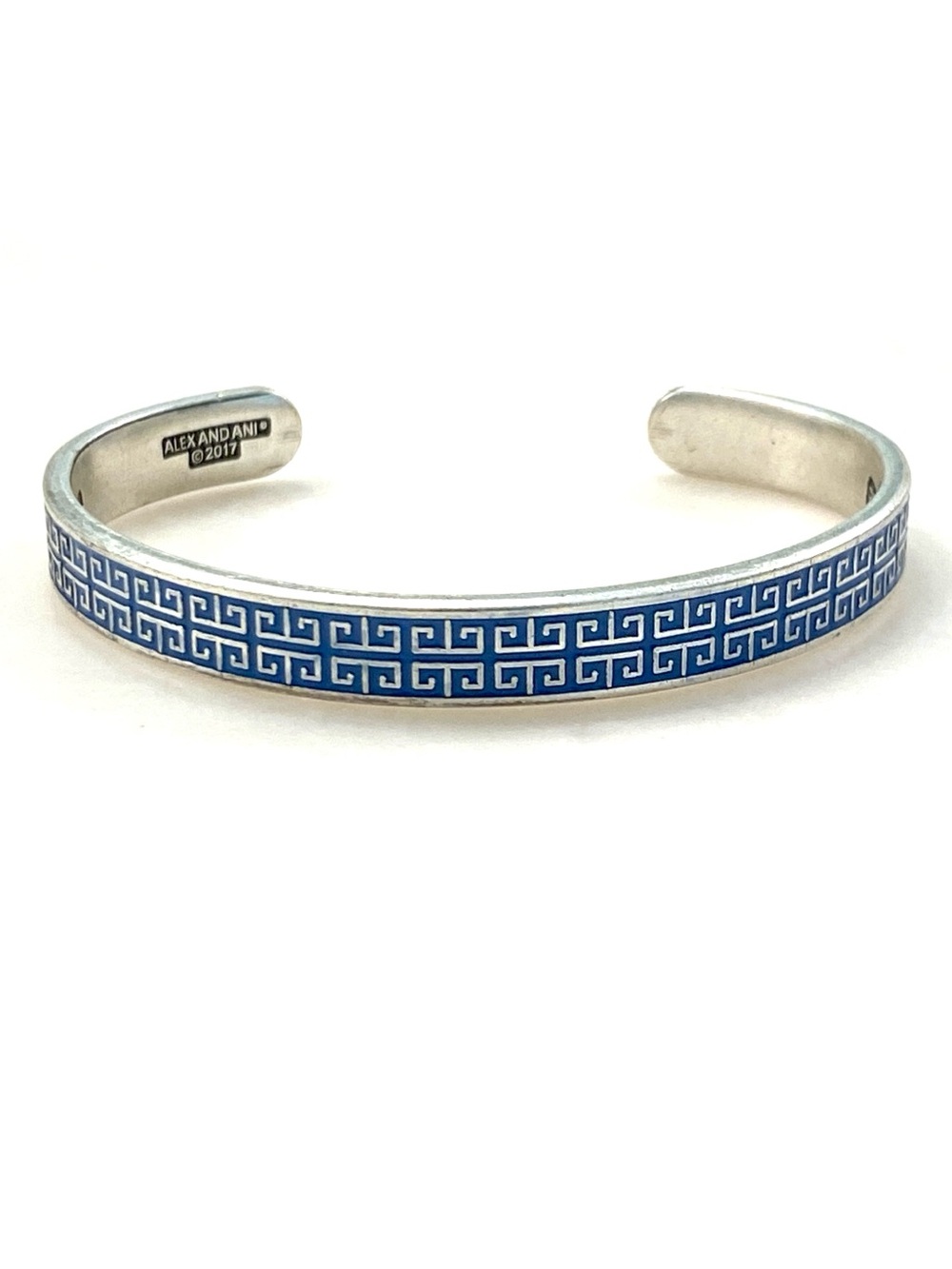 Alex and Ani Silver-Tone Cuff with Blue Greek Key Enamel